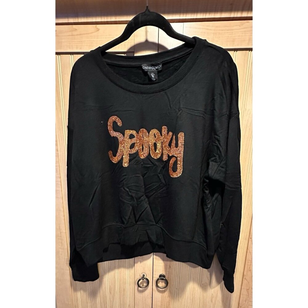 Cynthia Rowley Sequin Spooky Pullover Halloween Top Size Medium NWT Black Orange - Picture 2 of 6